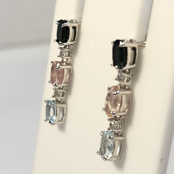 VTG NIB 925 Tourmaline Multi-Gem Dangle Drop Stud Earrings Signed 1" - Picture 9 of 14